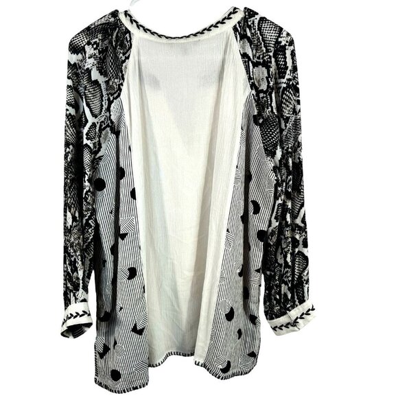 John Mark Geometric Embroidered Black White Lace Boho Blouse Flounce Sleeve M - Picture 2 of 11